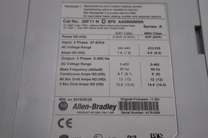 NEW 20F11ND8P0AA0NNNNN-A Allen Bradley 460V 5HP PowerFlex 753 WITH A6 HIM 1727