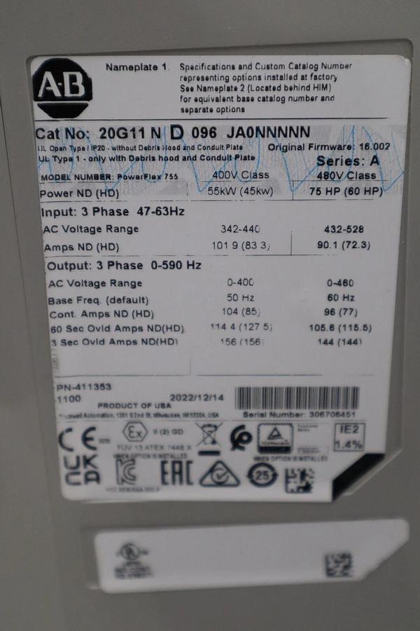 ALLEN BRADLEY 20G11ND096JA0NNNNN 75 HP POWERFLEX 755 DRIVE NEW UNIT STOCK S-593