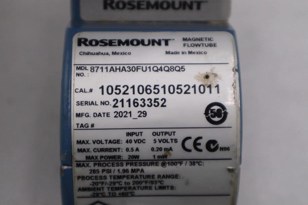 Used ROSEMOUNT 8711AHA30FU1Q4Q8Q5 MAGNETIC FLOWTUBE STOCK 3529A