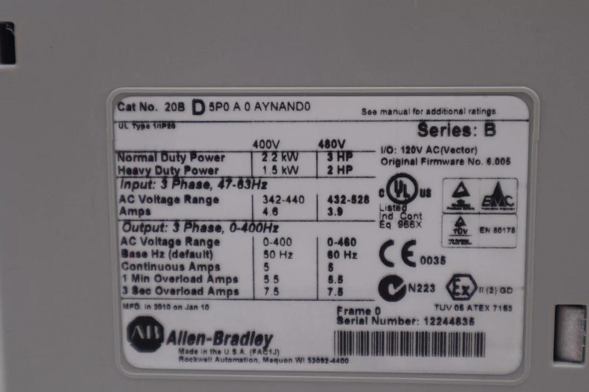 Used NEW ALLEN BRADLEY POWERFLEX 700 20BD5P0A0AYNAND0 480V 3 HP  #1858A