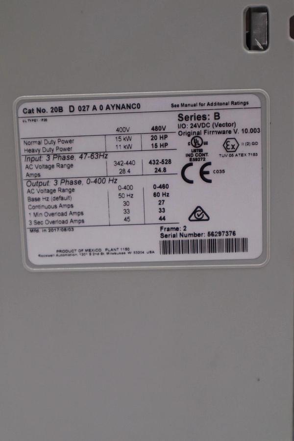 NEW ALLEN BRADLEY 20BD027A0AYNANC0 POWERFLEX 20 HP 480V SER B DRIVE STOCK 315-A