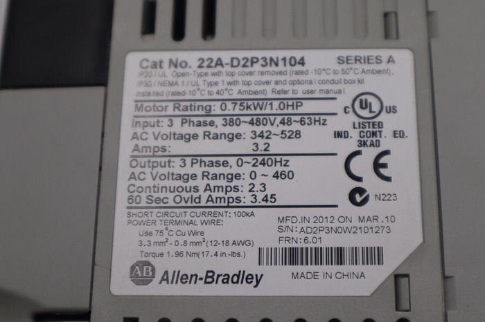 Used Allen Bradley 22A-D2P3N104 /A PowerFlex 4 AC Drive 1HP 3Ph 480V STOCK 5772