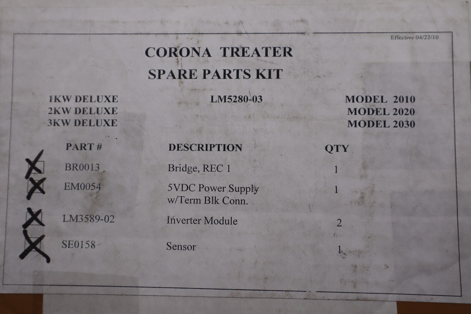 CORONA TREATER SPARE PARTS KIT LM5280-03 STOCK 5153