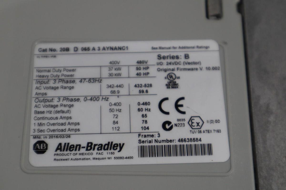 Used 50 HP 20BD065A3AYNANC1 Allen Bradley AC VFD DRIVE POWERFLEX 700 NEW #1210C