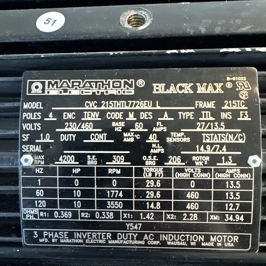 Used Marathon Motor CVA 215THTL7726EU L Inverter Duty AC Induction Motor 10 HP #HP118