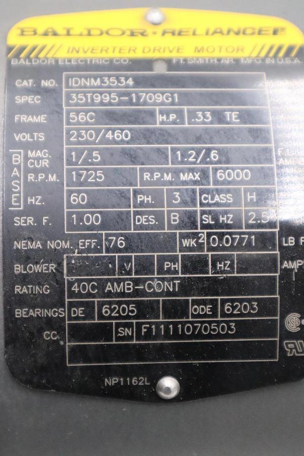 Used New Baldor IDNM3534 Inverter Duty AC Motor .33HP 1725RPM 3PH 60Hz STOCK H1573