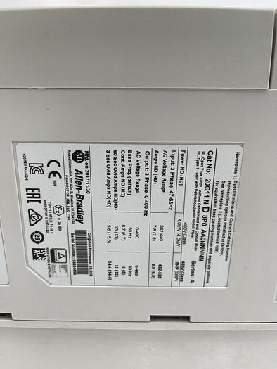 Used ALLEN BRADLEY POWERFLEX 755 DRIVE 5 HP 20G11ND8P0AA0NNNNN MFG. 2017 STOCK 1218