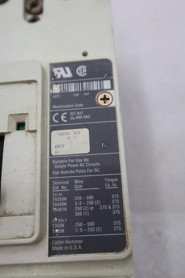 Used CUTLER-HAMMER HM2P400X5WS10 MOTOR CIRCUIT PROTECTOR SERIES C 600VAC STOCK #3224