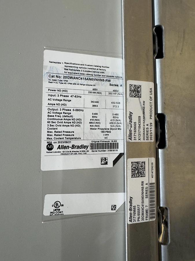Used ALLEN BRADLEY 20GWANC415AN6VNHN8-RW AC DRIVE LIQUID COOLED 3 PHASE OUTPUT #S682