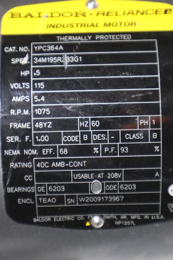 BALDOR YPC364A INDUSTRIAL MOTOR .5HP 1075 RPM - STOCK SGF75