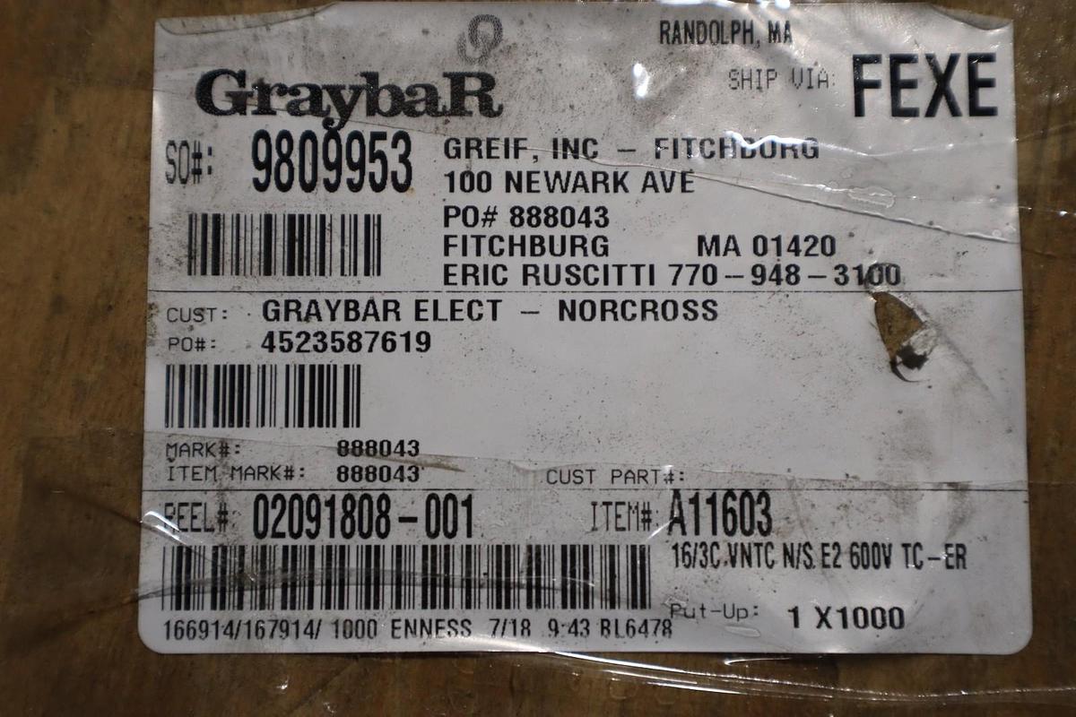 16/3C WNTC W/S E2 600V TC-ER Solid Core 3-Strand Copper Cable 16 AWG NEW 1000'