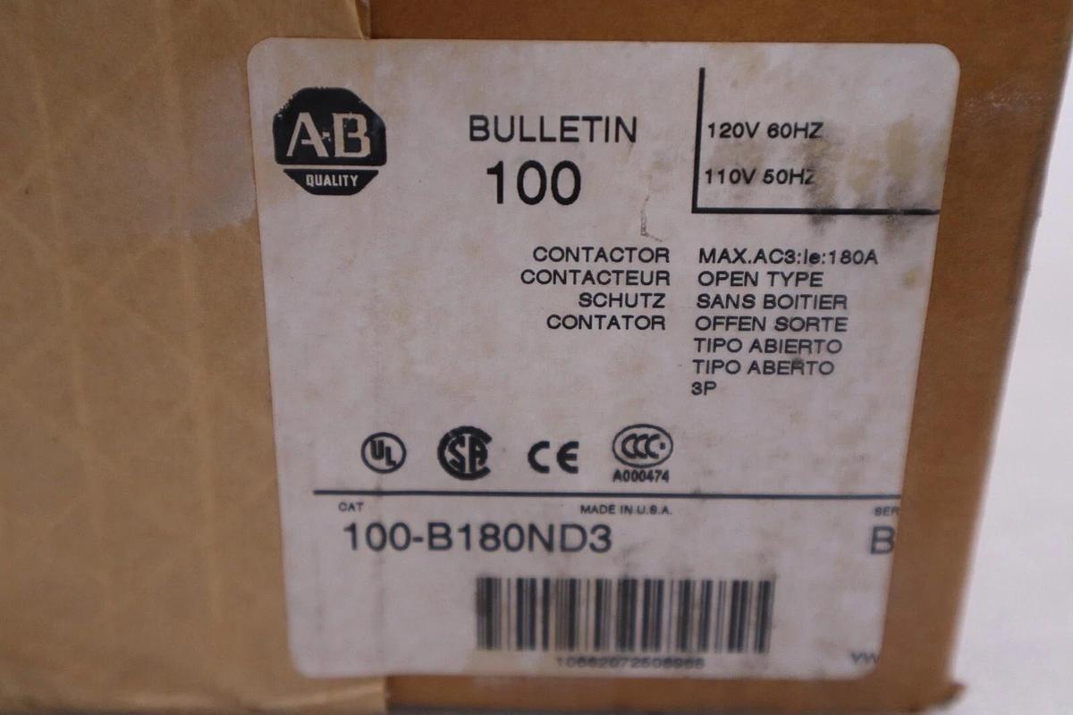 Used ALLEN BRADLEY 100-B180ND3 SER. B 110/120V 180A NEW IN BOX STOCK H100