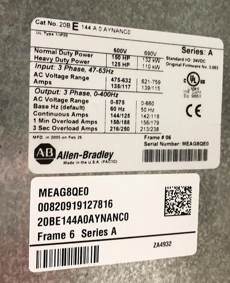 NEW ALLEN BRADLEY AB PowerFlex 700 20BE144A0AYNANC0 150HP 600V WITH BRAKE #S-391