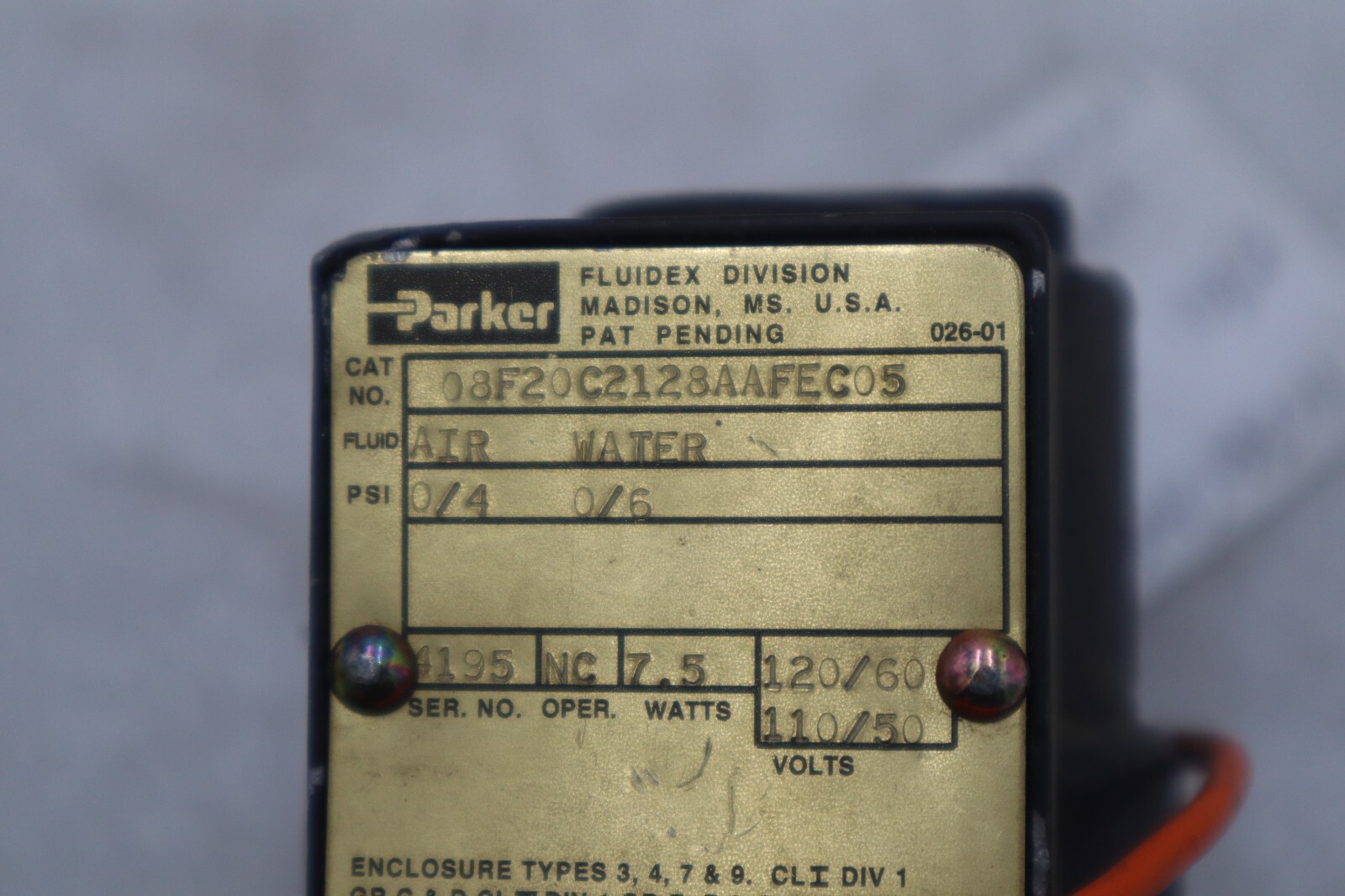Used PARKER 08F20C2128AAFEC05 110/120V 0/4 0/6 PSI AIR WATER STOCK K-3573