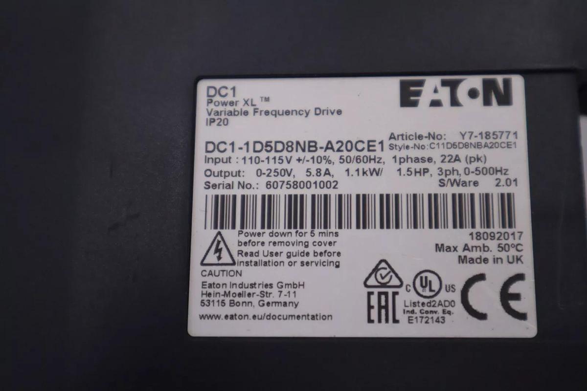 Eaton Dc1-1D5d8nb-A20ce1 Variable Frequency Drive,1-1/2 Hp,115V STOCK L-316A
