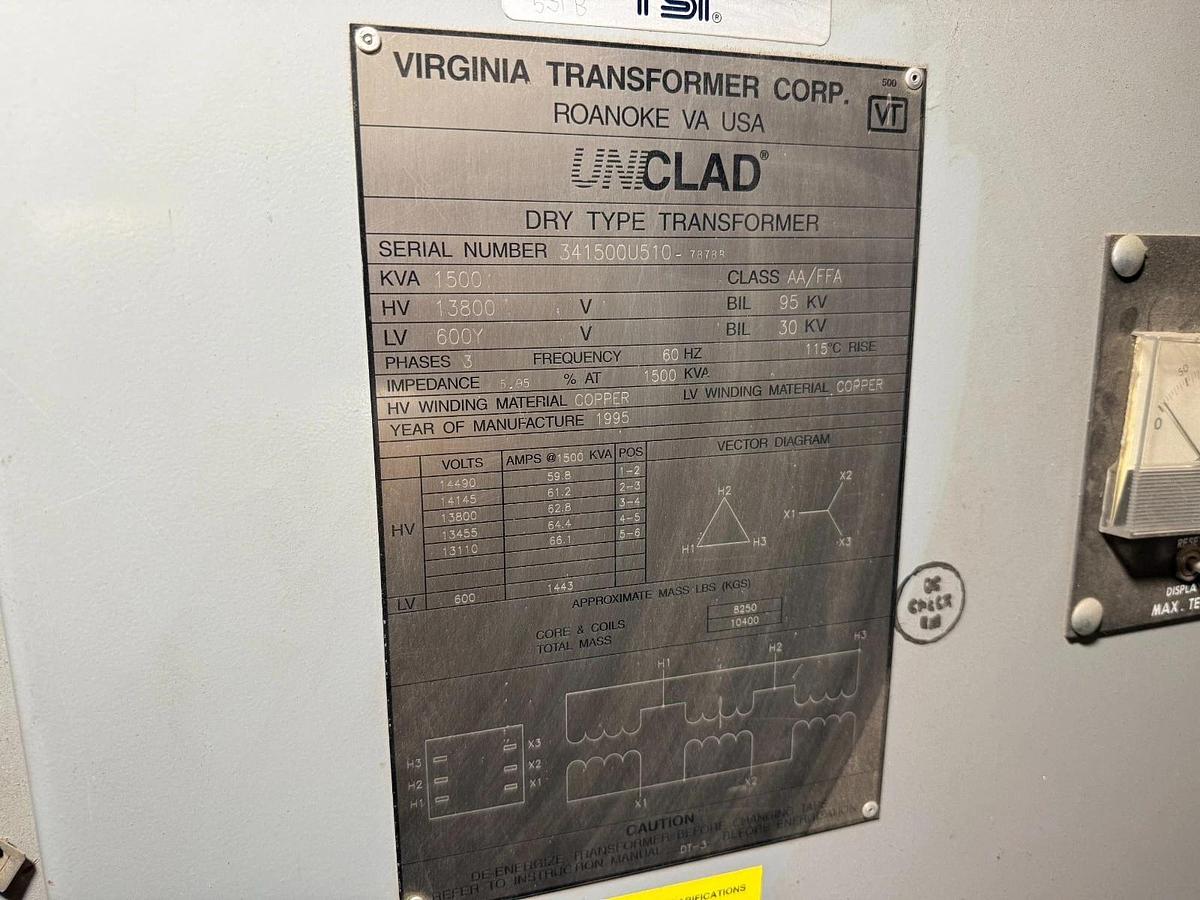 Used Virginia 1500 kVA 13800 Delta to 600Y 3PH Dry Type Transformer Copper Windings