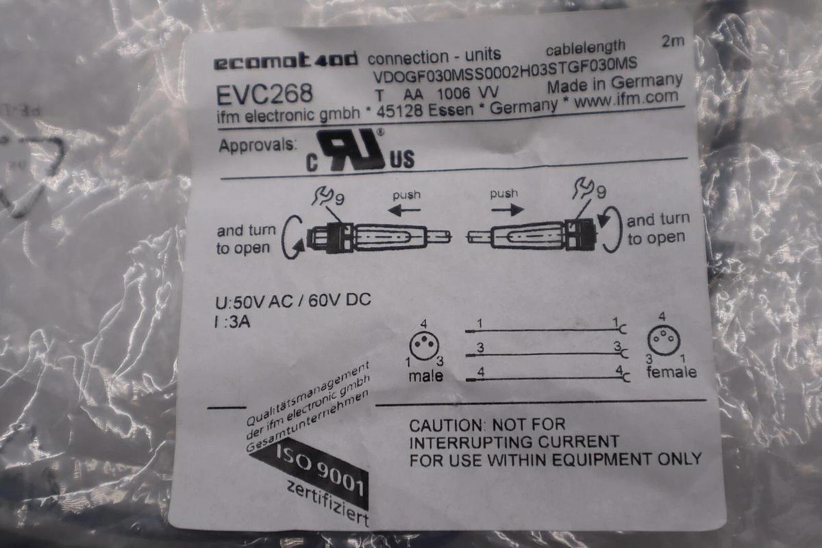 EVC268 Ifm Electronic Patchcord Straight Female To Male M8 2 Meters STOCK K-3901