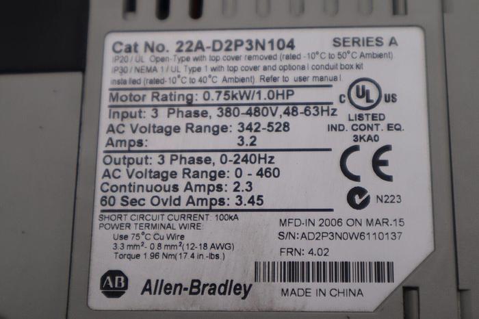 Used Allen Bradley 22A-D2P3N104 /A PowerFlex 4 AC Drive 1HP 3Ph 480V STOCK B-1289