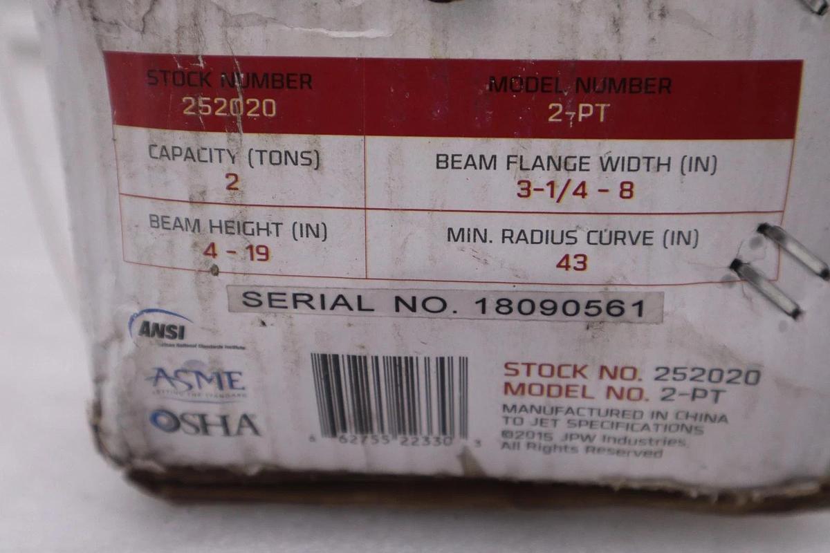 Used JET 252020 2-PT Adjustable Trolley PT Series 2 Ton - STOCK HP192