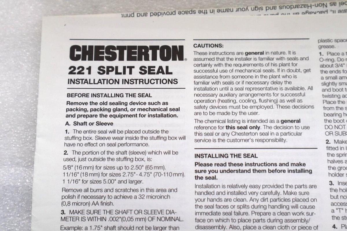 NEW CHESTERTON 042711 221 SPARE PART KIT SPLIT STEAL SEAL/24 SHAFT/3.000 #L-460