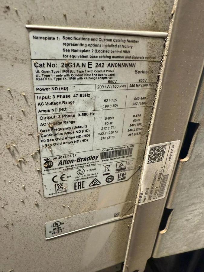 Used Allen-Bradley 250 HP 20G1ANE242AN0NNNNN AC DRIVE AIR COOLED POWERFLEX 755 600V