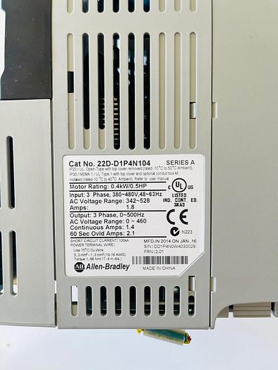 Used Allen Bradley 22D-D2P3N104 POWERFLEX-40 AC DRIVE 1.0HP #K-589