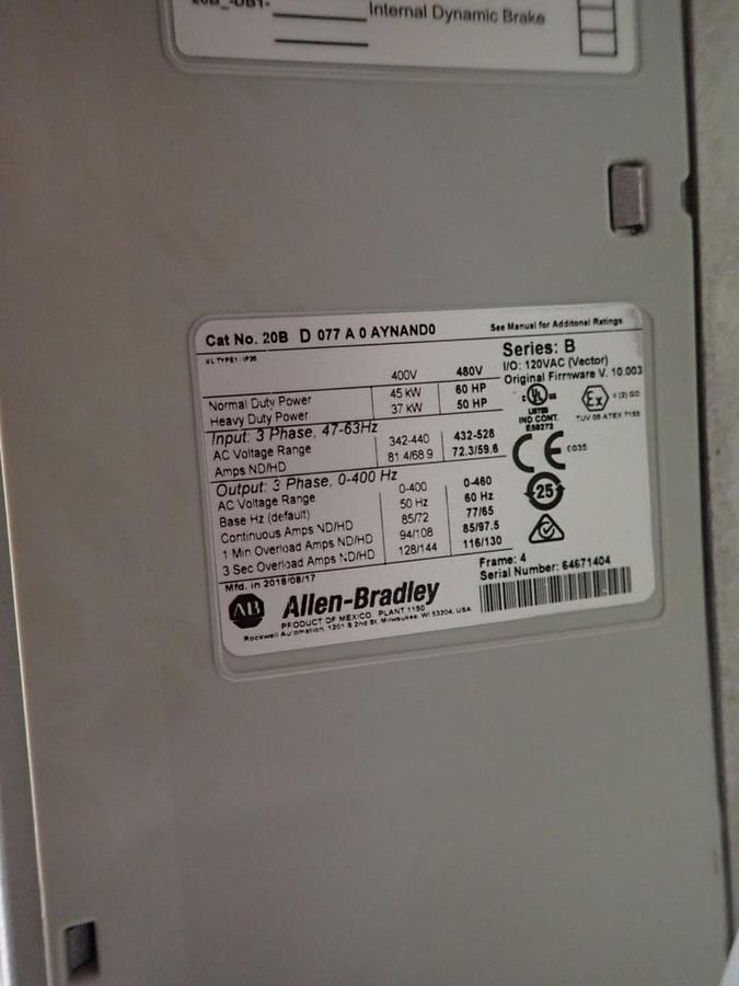 Used ALLEN BRADLEY 20BD077A0AYNAND0 POWERFLEX 700 DRIVE VFD 60 HP NEW UNIT STOCK S654