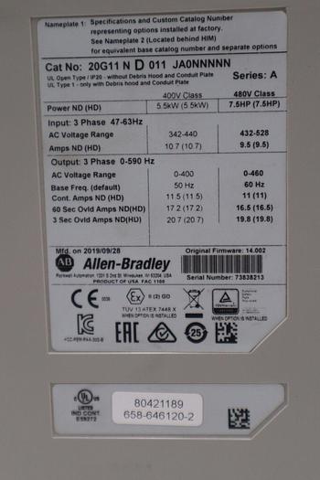 Used ALLEN BRADLEY 20G11ND011JA0NNNNN POWERFLEX 755 AC DRIVE AIR COOLED STOCK 4803