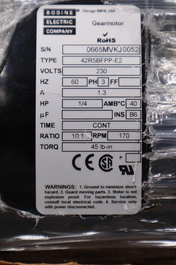 Bodine gear motor 42r5bfpp-e2 230V 3PH 1/4HP 10:1 170 RPM NEW UNIT STOCK H712