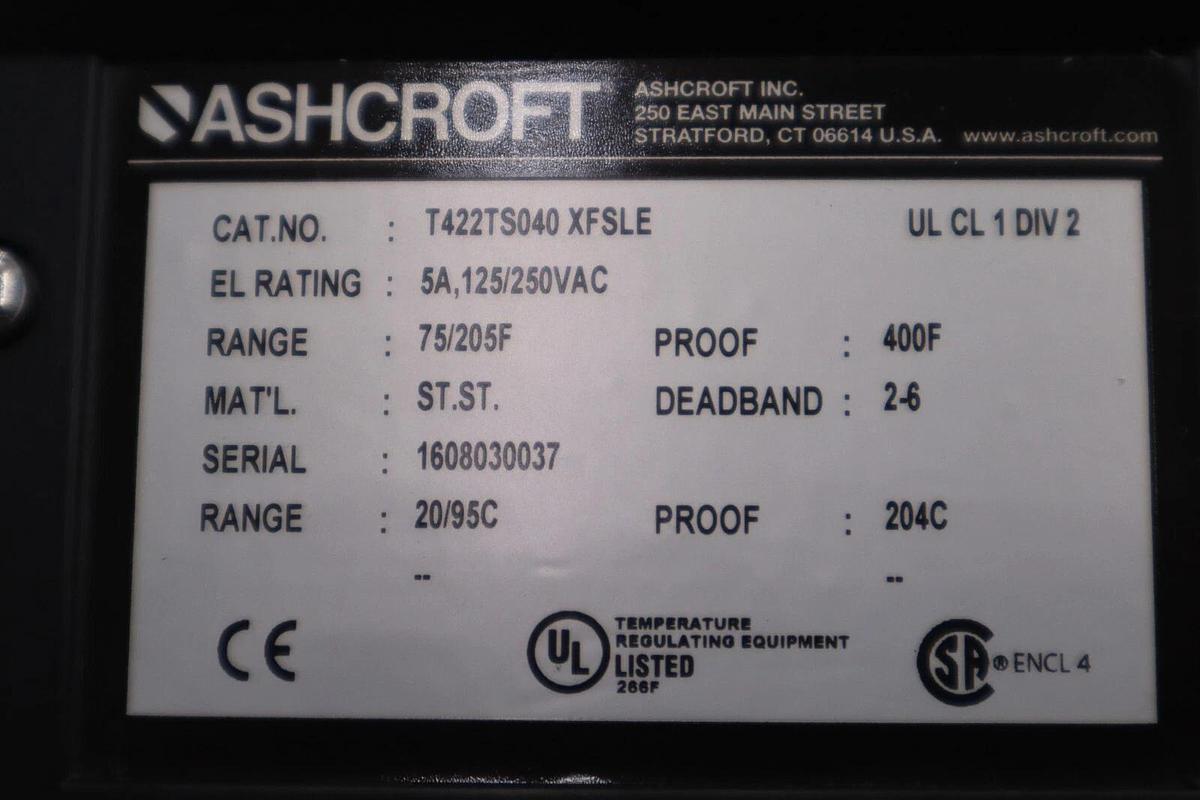 NEW ASHCROFT T422TS040 XFSLE 6FT 75/205F TEMP SWITCH STOCK G431A