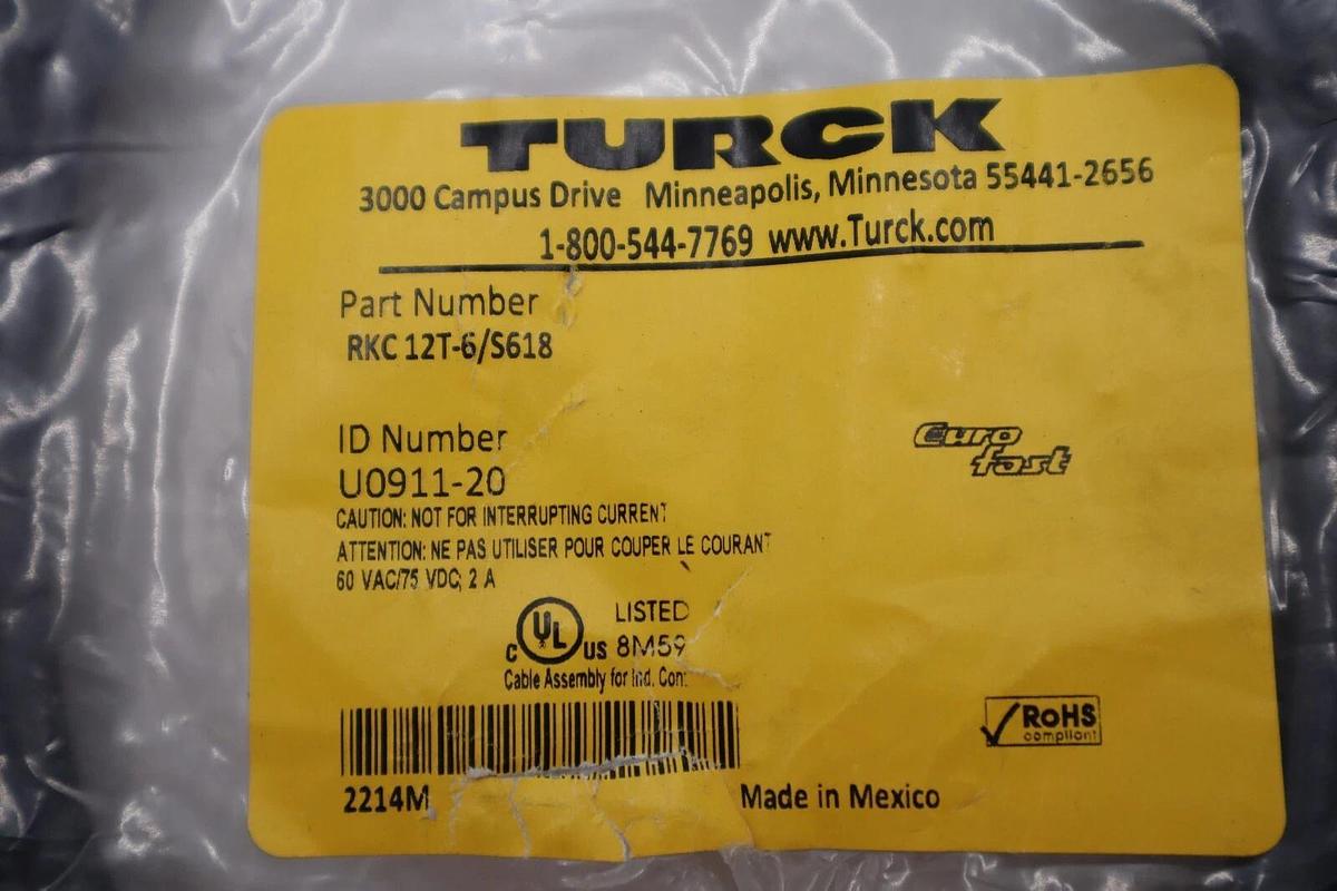 Used TURCK RKC 12T-6/S618 EURO FAST 60VAC/75 VDC, 2 A NEW STOCK #K-1191-A