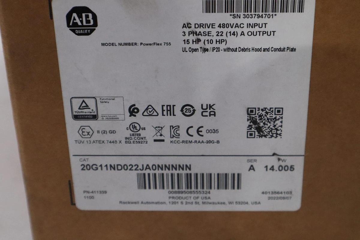 Used Allen Bradley 20G11ND022JA0NNNNN Powerflex 755 15 hp - NEW IN BOX - STOCK 3444CC