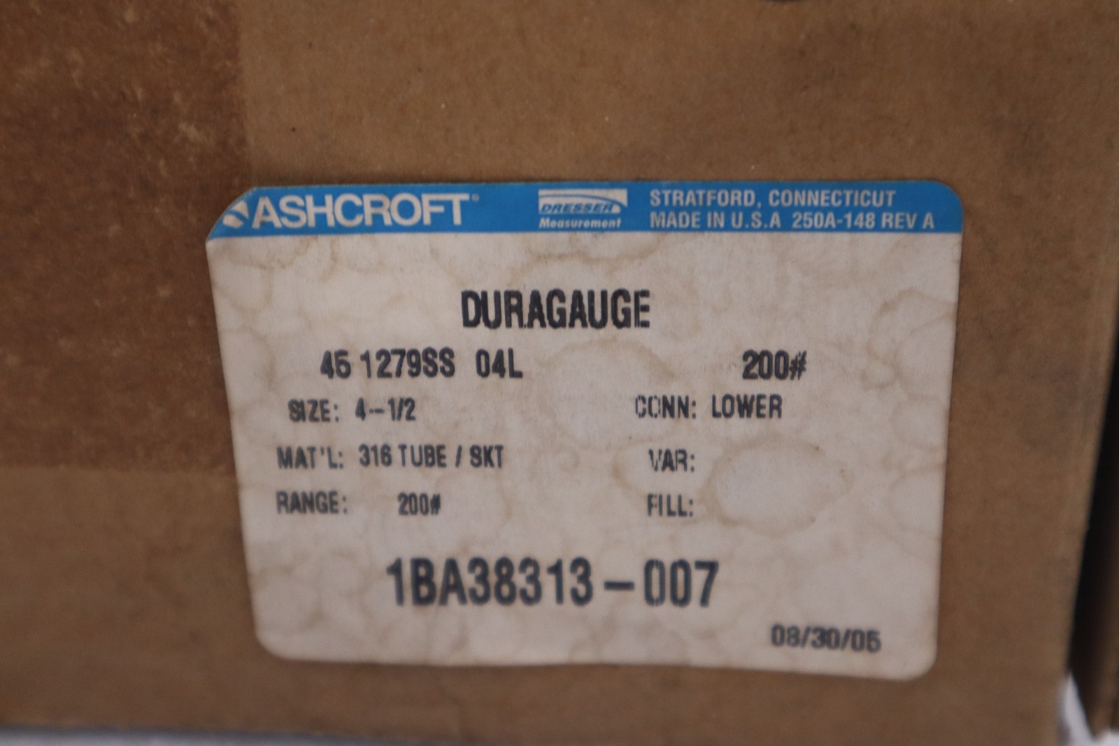 Used ASHCROFT 45-1279-SS-04L/ 45 1279SS 04L 200# PRESSURE GAGE STOCK #GF1373