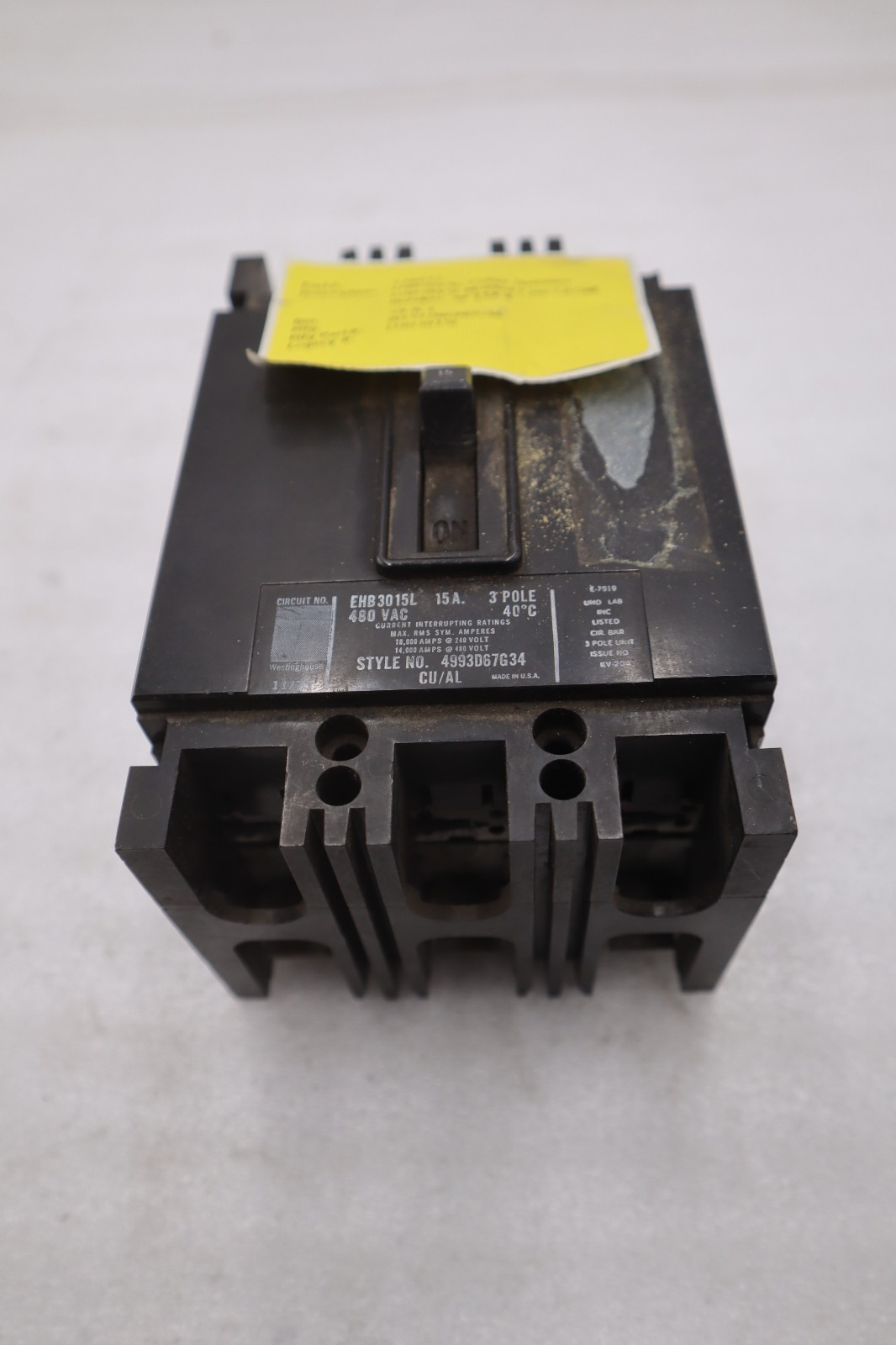 Used WESTINGHOUSE EHB3015L 3 POLE 15 AMP 15A  480V CIRCUIT BREAKER STK CC244