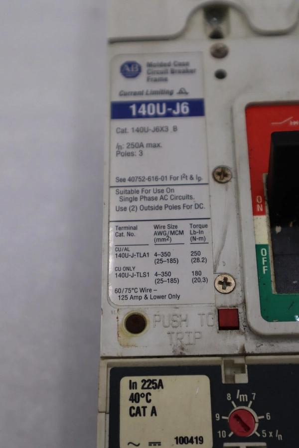 Used Allen Bradley 140U-J6X3 100A 3P 600V AC 250V DC Circuit Breaker STOCK H1868