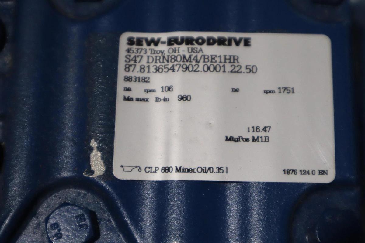 Used NEW Sew Eurodrive S47 DRN80M4/BE1HR Helical Worm Gearmotor STOCK HP146