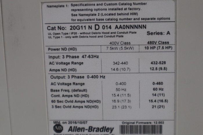 Allen Bradley 20G11ND014AA0NNNNN PowerFlex 755 AC Drive 480V 14A 10HP #4422