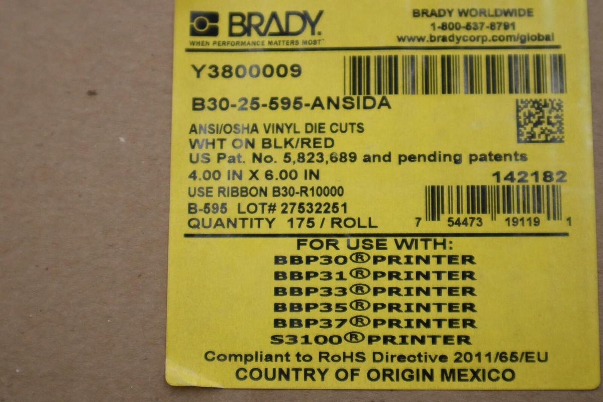 NEW IN BOX BRADY B30-25-595-ANSIDA Label Red/White 4.000 In. 6XHA0 STOCK H96