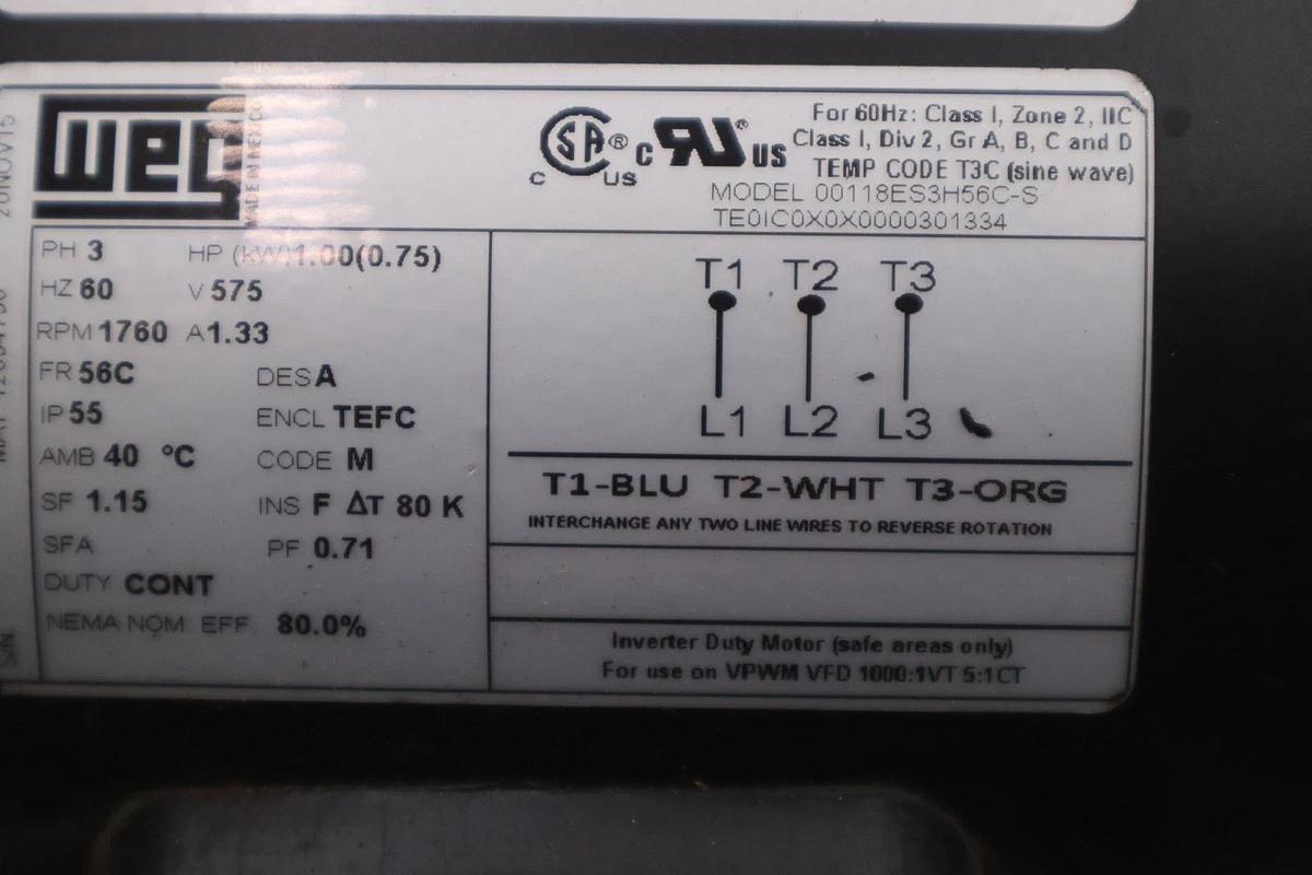 Used WEG 00118ES3H56C-S FRACTIONAL MOTORS - THREE-PHASE - STOCK GF616