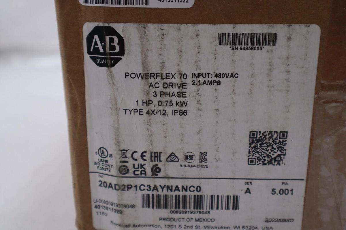 ALLEN-BRADLEY 20AD2P1C3AYNANC0 POWERFLEX 70 1 HP AC DRIVE SERIES B STOCK #2800