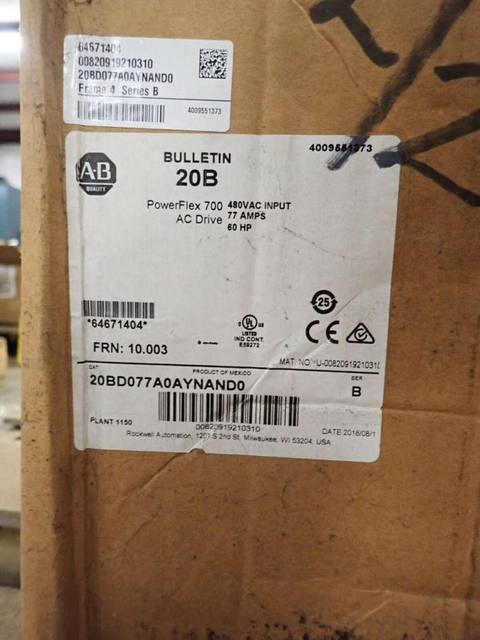 Used ALLEN BRADLEY 20BD077A0AYNAND0 POWERFLEX 700 DRIVE VFD 60 HP NEW UNIT STOCK S654