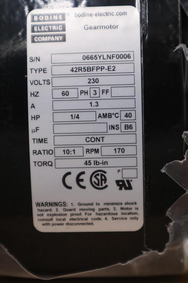Bodine gear motor 42r5bfpp-e2 230V 3PH 1/4HP 10:1 170 RPM NEW UNIT STOCK H220