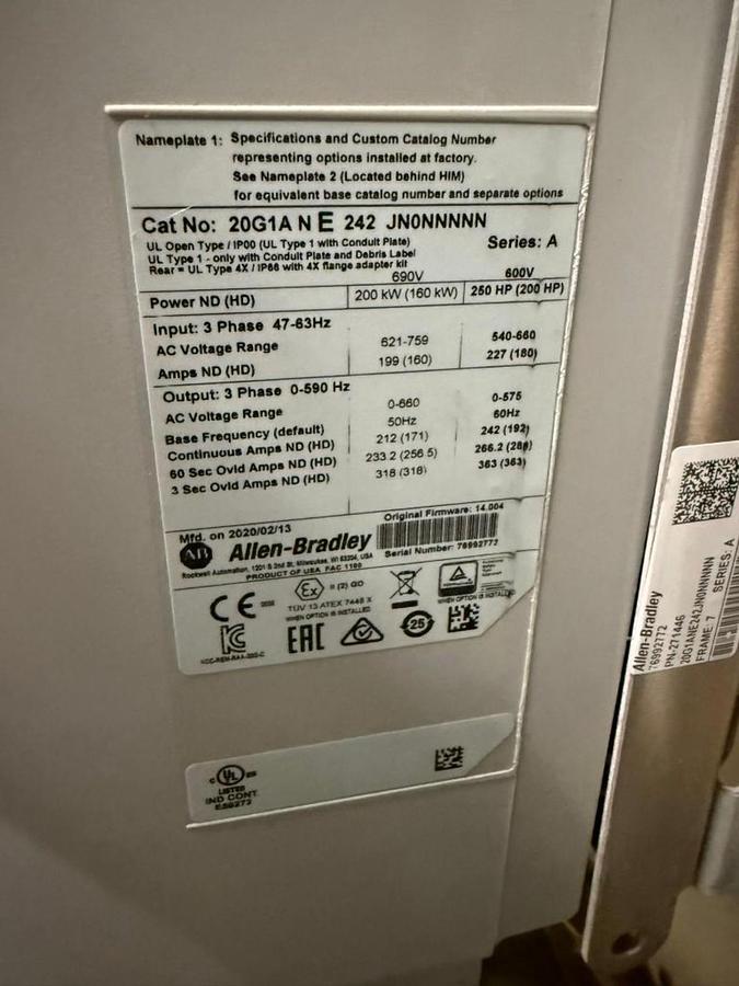 Used 250 HP ALLEN BRADLEY POWERFLEX 755 DRIVE CAT. 20G1ANE242JN0NNNNN 600V
