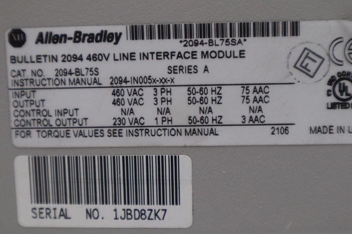 Used ALLEN BRADLEY 2094-BL75S SER. A 480VAC LINE INTERFACE MODULE STOCK 5040