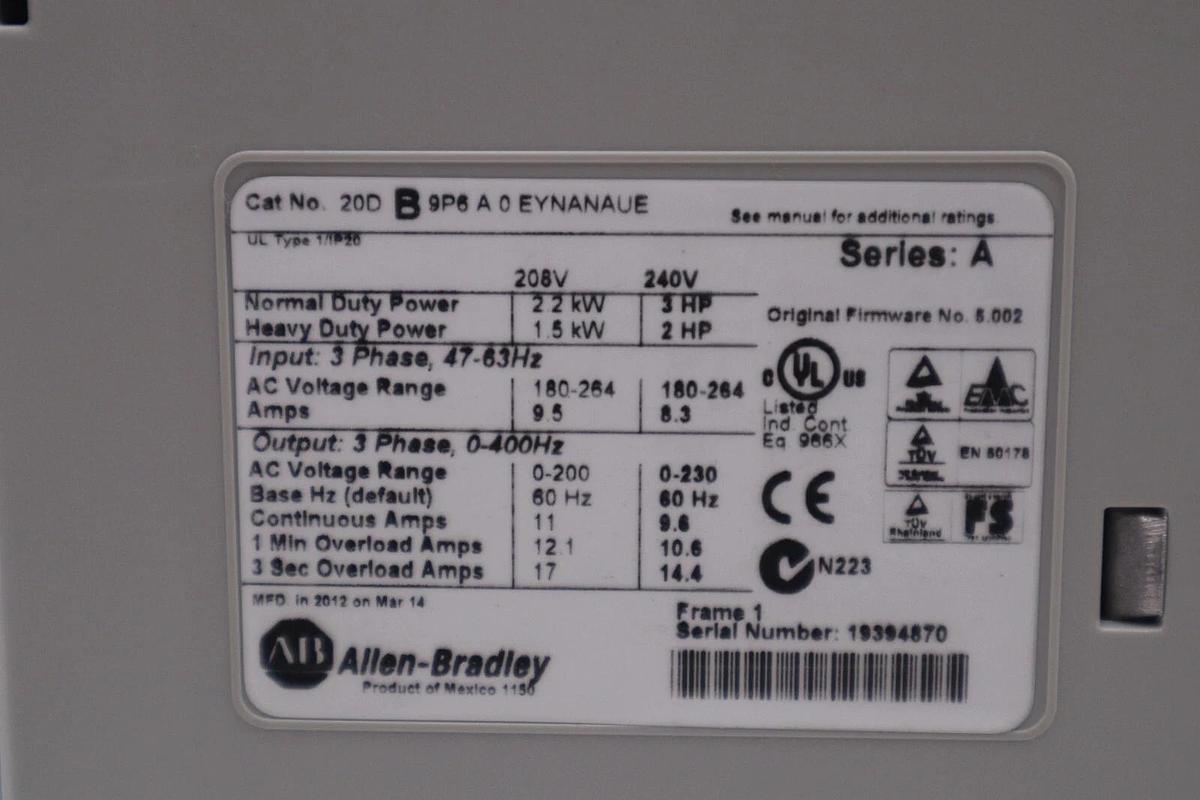 Used NEW ALLEN BRADLEY 20DB9P6A0EYNANAUE SER. A POWERFLEX 700S DRIVE 3 HP STOCK 4058