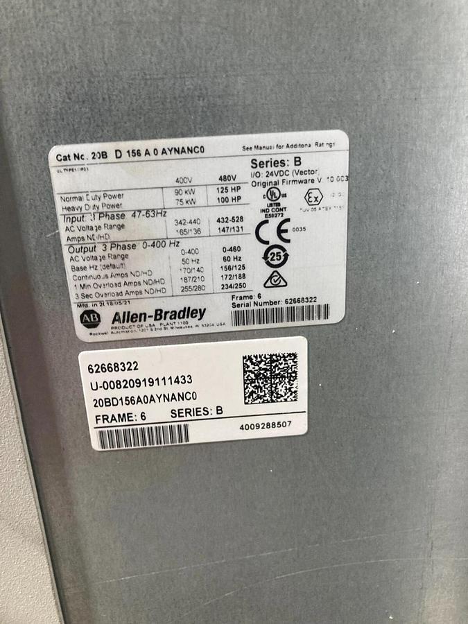 Used 20BD156A0AYNANC0 Allen Bradley 125HP Powerflex Drive 700