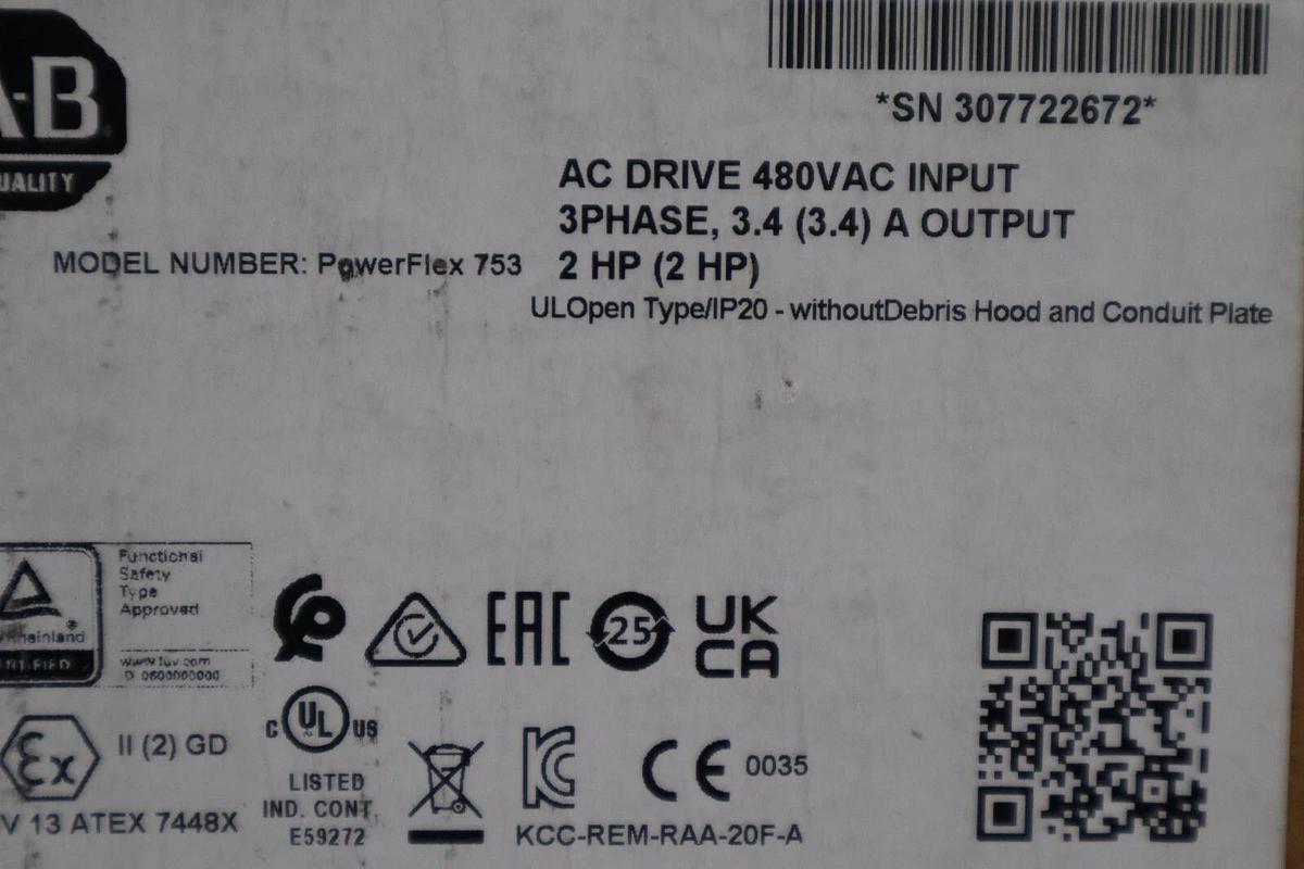 Used 20F11ND3P4JA0NNNNN POWERFLEX 753 2 HP DRIVE VFD NEW 2022 STOCK 5695
