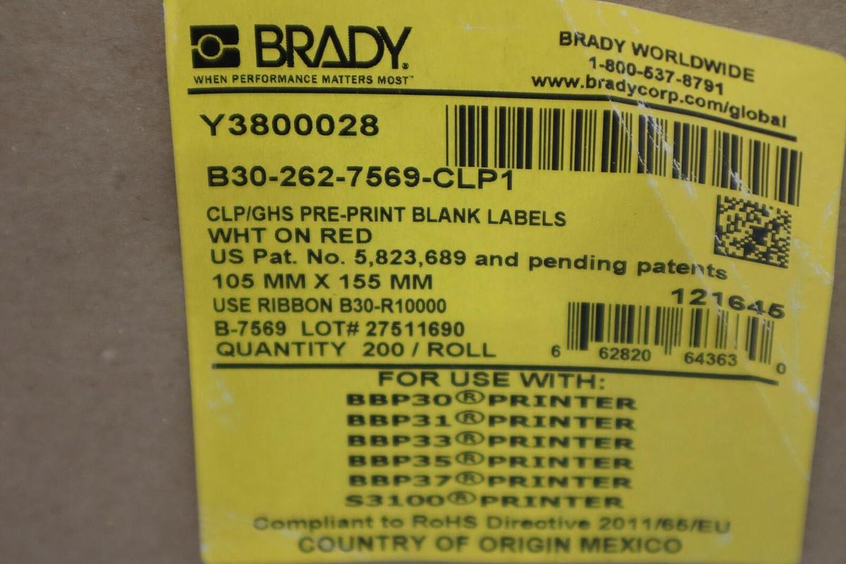 Brady Printer B30-262-7569-CLP1 Pre Print Chemical Labels Y380028 NEW STOCK H389