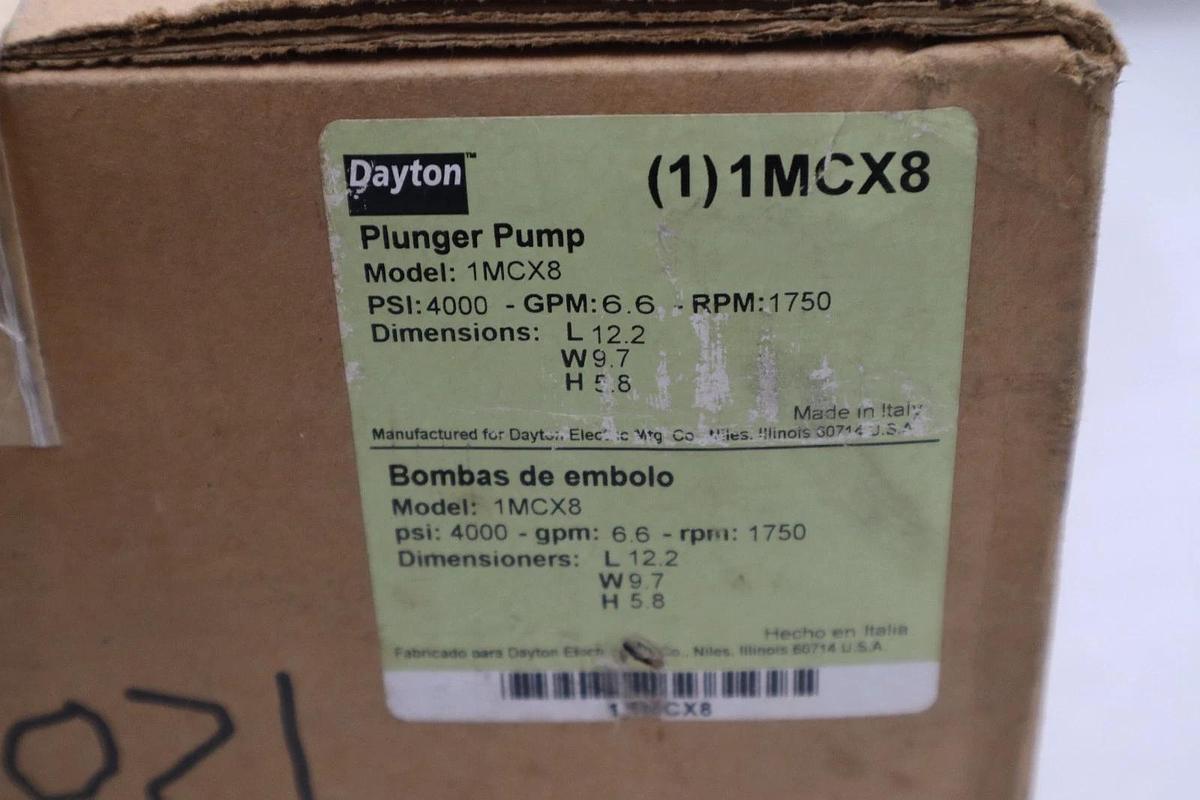 Used DAYTON 1MCX8 PRESSURE PLUNGER PUMP BELT-DRIVE 6.6 GPM FLOW CAPACITY #GF-428