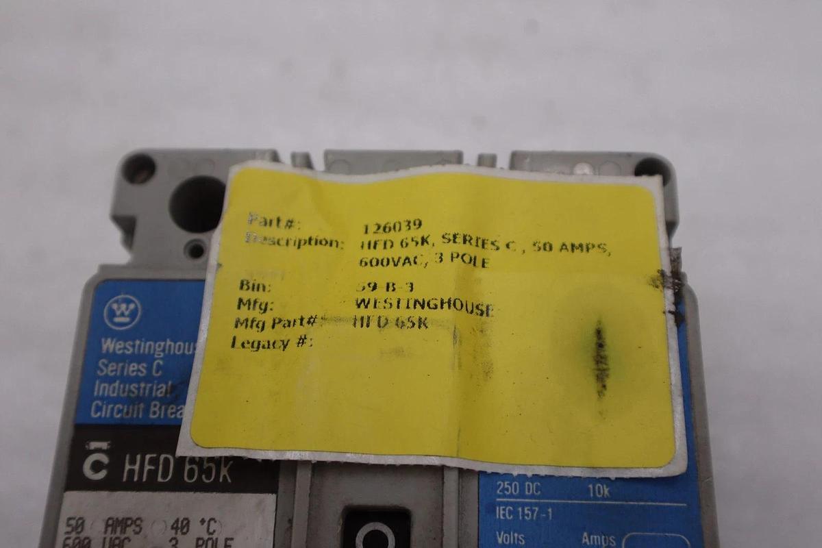 Used Cutler Hammer Westinghouse HFD3050L Breaker 50 Amp 600 Vac STK CC224